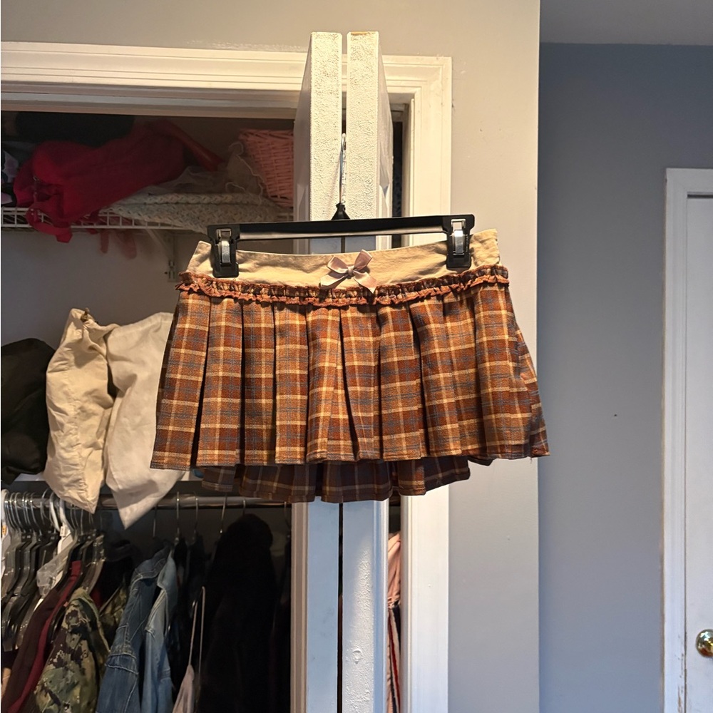 Edikted Brown Plaid Pleated Mini Skirt with Bow Trim